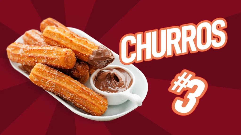 A white plate has five churros on top with chocolate sauce and text to the side that says ‘CHURROS’ with a number three below it.