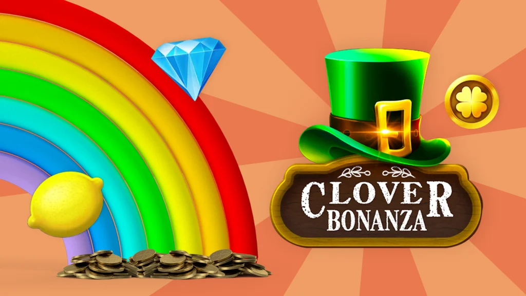 The logo for the Cafe Casino online slot, Clover Bonanza, is centered. Irish-themed slot symbols, a pile of coins and a rainbow also feature. 