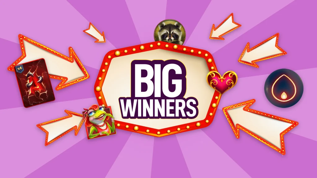 A marquee reading ‘Big Winners’ has six arrows pointing at it and various slot symbols surrounding it on a purple background.