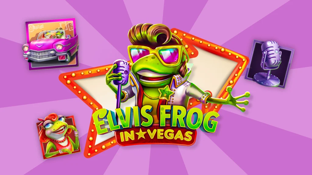 With a frog dressed as Elvis in the middle, a marquee arrow points to the right, and symbols like a pink car, a woman frog, and an old-school microphone surround them, all over a purple background and text that says ‘Elvis Frog in Vegas’.