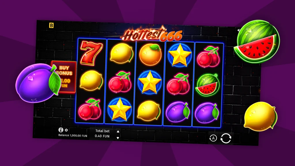 Hottest 666 game screen with overlaying lemons, berries and melons, on a purple background.