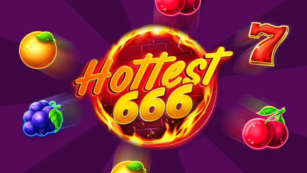 ‘Hottest 666’ – from the Cafe Casino online slot – is written inside a flaming circle and it’s surrounded by a watermelon, plum, and lemon on a red background.