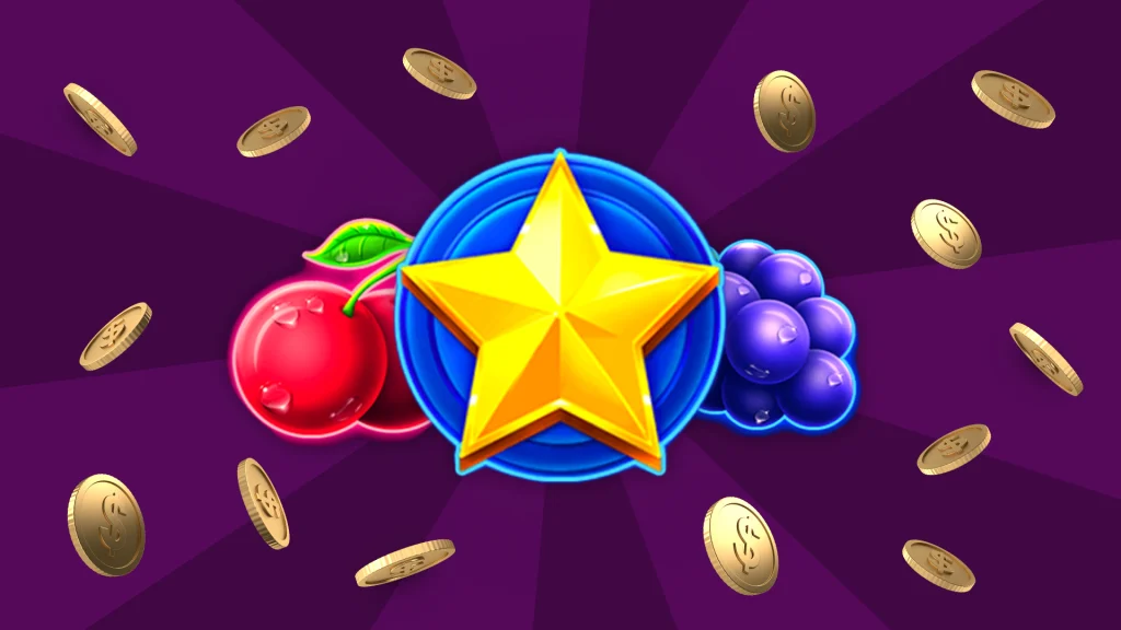 Slots symbols including a star, cherries and grapes from Hottest 666 online slot, with dollar coins falling beside it.