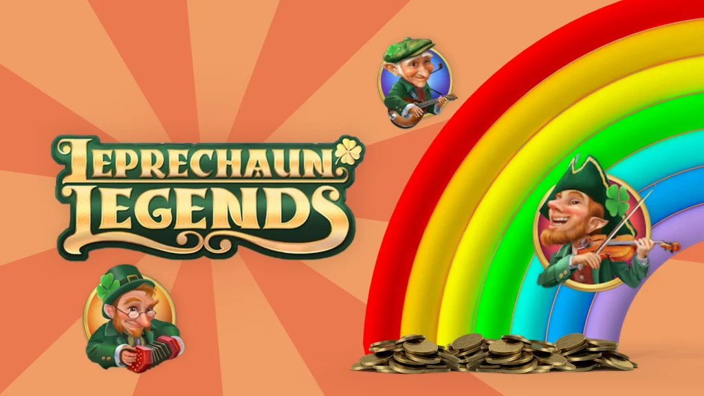 The logo for the Cafe Casino online slot, Leprechaun Legends, surrounded by Irish slots symbols and a rainbow. On a two-tone orange background.