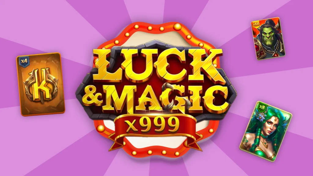 On a light purple background is a marquee that reads ‘Luck & Magic x999’ – a Cafe Casino online slot – and three cards of fantasy characters float around it. 