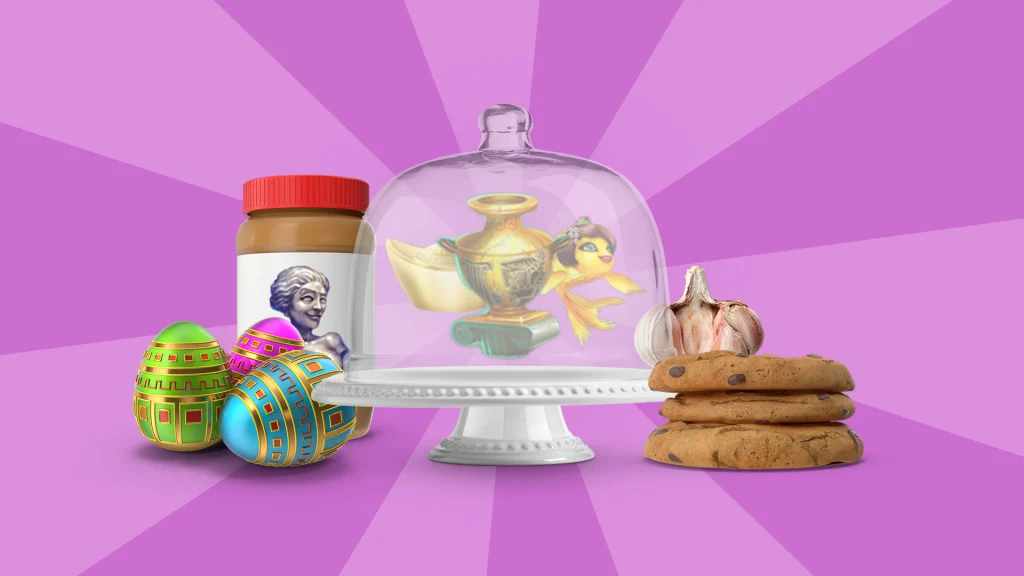 Cake stand with a dome and golden slot symbols inside, surrounded by colored eggs, a jar of peanut butter, cookies and garlic against a purple background.