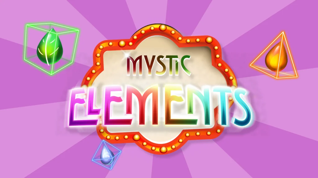 A marquee sign with the text 'Mystic Elements', surrounded by slots symbols.