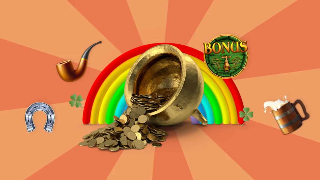 A pot of gold with coins tipping out, surrounded by a rainbow and Irish-themed slot symbols, on a two-tone orange background.