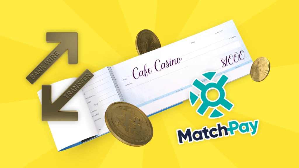 A check is centered, with arrows pointing in opposite directions. The logo for MatchPay also features alongside gold coins.