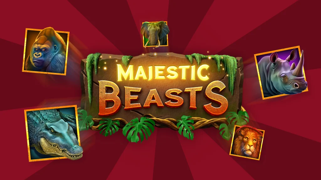 The logo for the Cafe Casino online slot, Majestic Beasts, surrounded by animal symbols including a lion, rhino, crocodile and gorilla.