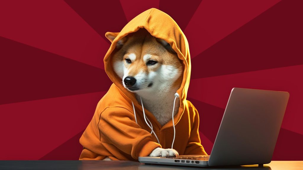A Shiba Inu dog in an orange hoodie is sitting at a laptop with a dark red background behind.