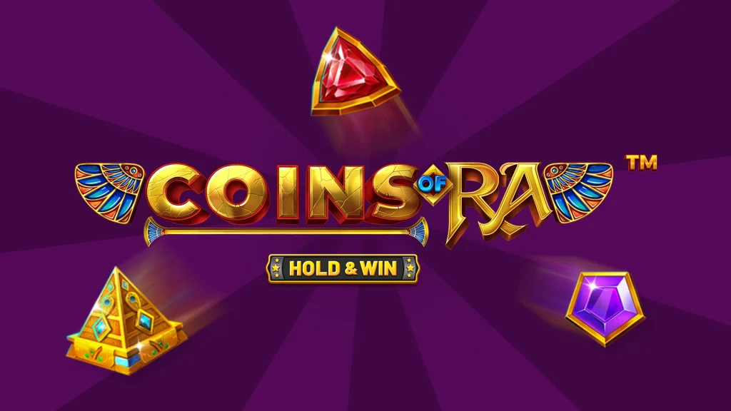 A dark purple background shows symbols of Egyptian folklore surrounding text that says ‘Coins of Ra Hold & Win’. 