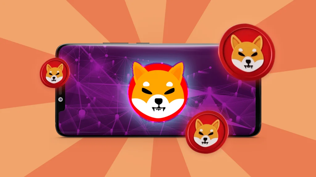 Four Shiba Inu dog faces are surrounding a purple phone on top of a light orange background.