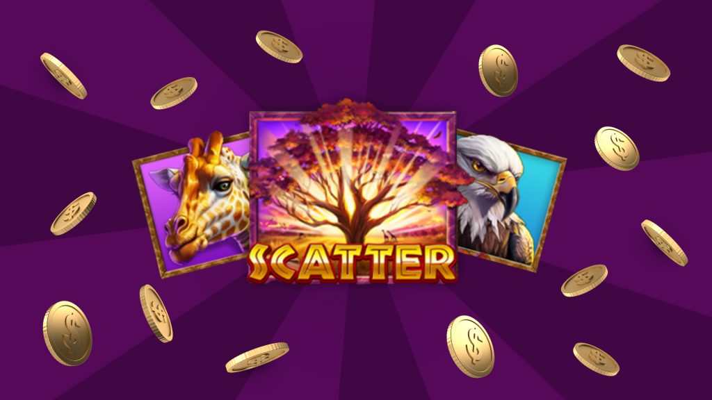 Gold coins surround images of a giraffe, baobab tree, and eagle, all displayed on a background of dark purple.