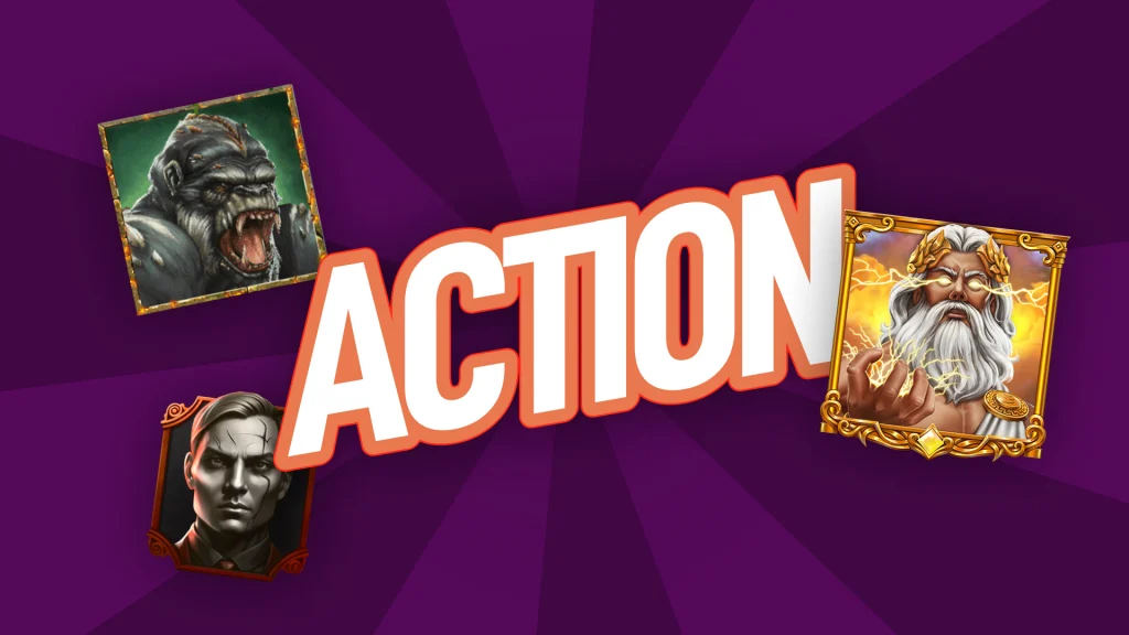 The word ‘ACTION’ is front and center on a dark purple background, and symbols of intimidating characters like Zeus and a gorilla are surrounding it.