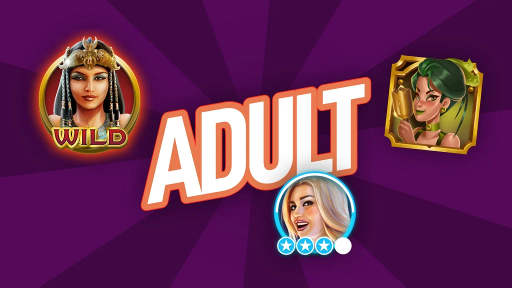 Images of women like Cleopatra, a flirty blonde, and a sassy green-haired cowgirl surround text that says ‘ADULT’ on a dark purple background.