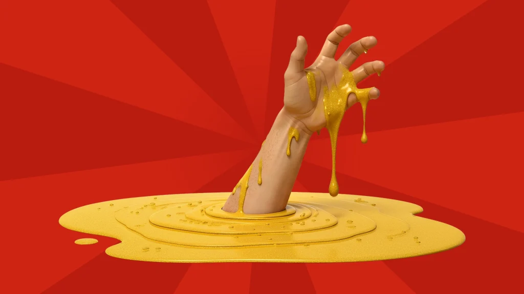 a hand reaches out of a pool of glottering gold on a red background