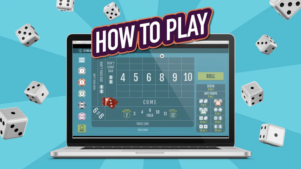 Dice float an open laptop showing a game of craps. White text above it says, “How to Play.”