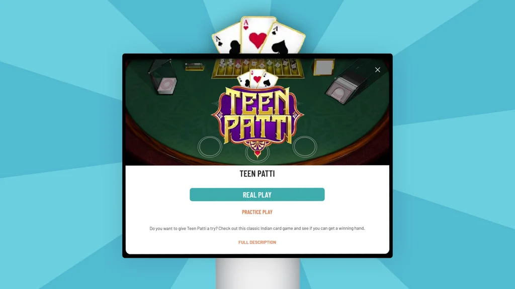The Teen Patti game screen is open on a light blue image, with three Aces displayed on top.