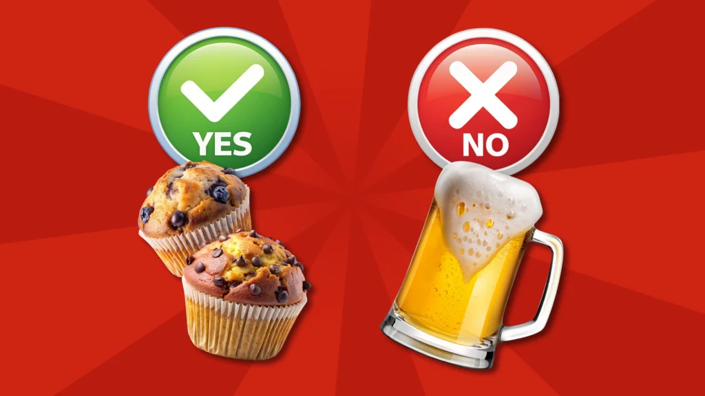 Muffins feature on one side of the image with a Yes button above, a pint of beer is on the other with a No button above on a red background