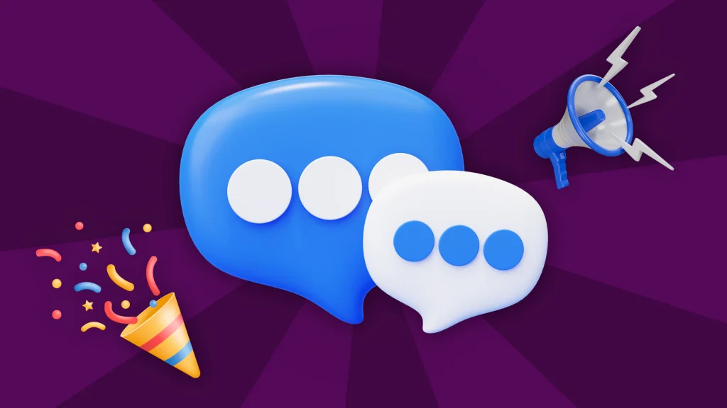 Blue and white chat bubbles show three typing dots in the middle of a purple image. A confetting shooter is on the left and a megaphone is on the right.