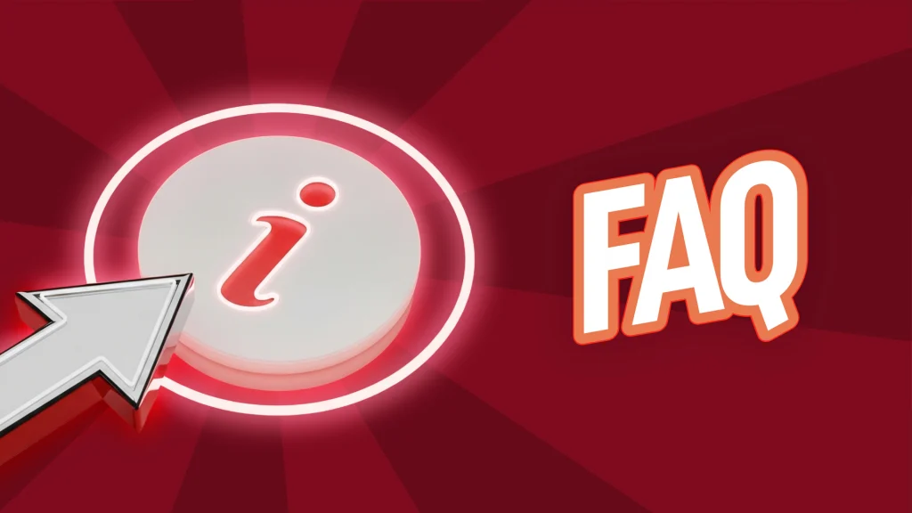 A gray arrow on a red background points to a red circle with a red ‘i’ in the middle, and FAQ in white on the side.