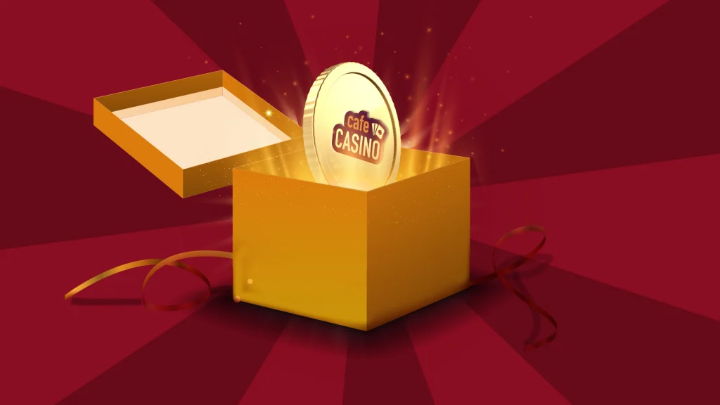 There’s a gold box on a dark red background with a gold coin emerging that says, “Cafe Casino.”
