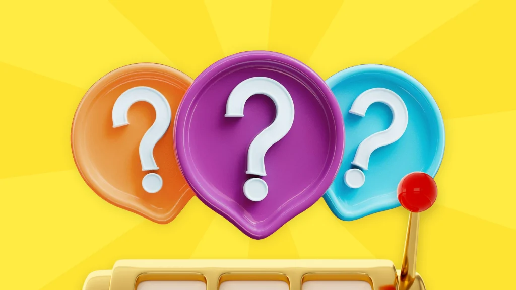 Three question mark symbols are in an orange, purple, and blue circle, and they are poised over a classic three-reel slot machine with a lever. The whole thing is on a bright yellow image.