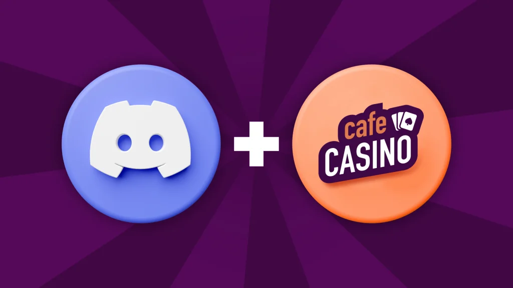 The blue Discord logo is to the left, with a plus sign in the center, and the orange Cafe Casino logo on the right, and both are on a dark purple background.