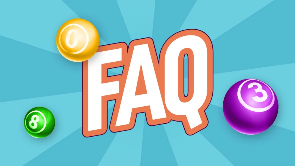 Keno balls with numbers are displayed around text that says “FAQ” on a light blue background.