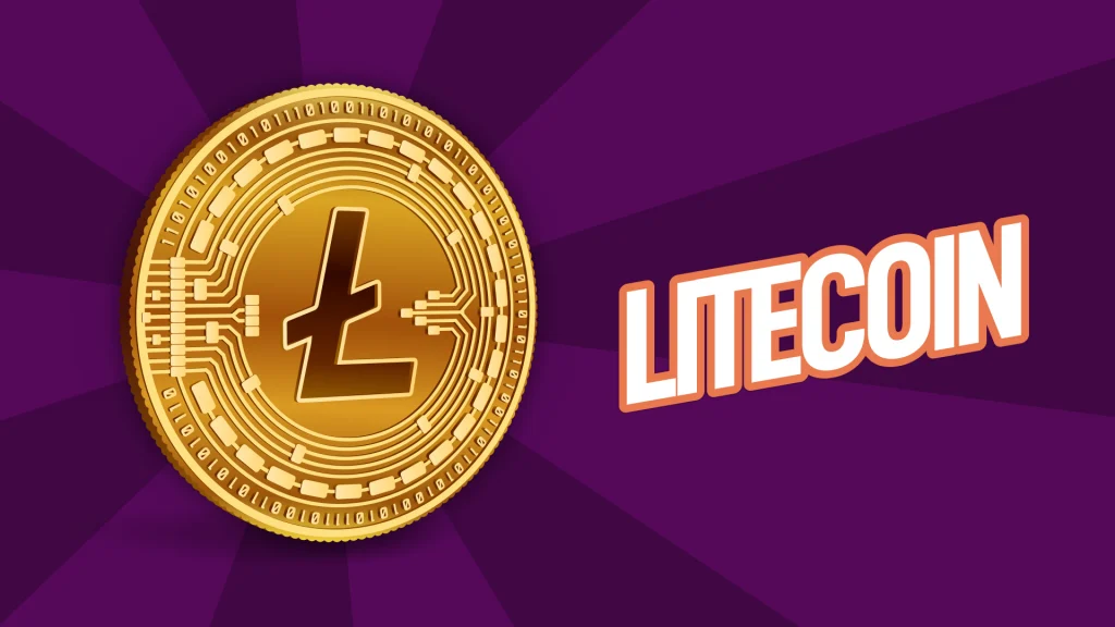 The Litecoin coin is to the left of text that says, “Litecoin” on a dark purple background.