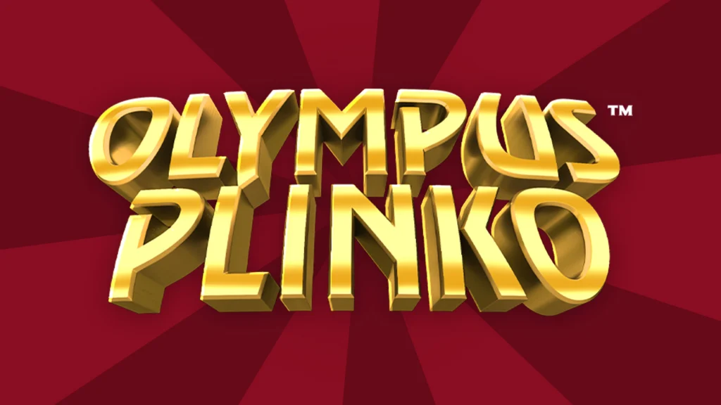 “Olympus Plinko” is spelled in shiny gold letters on a dark red background.