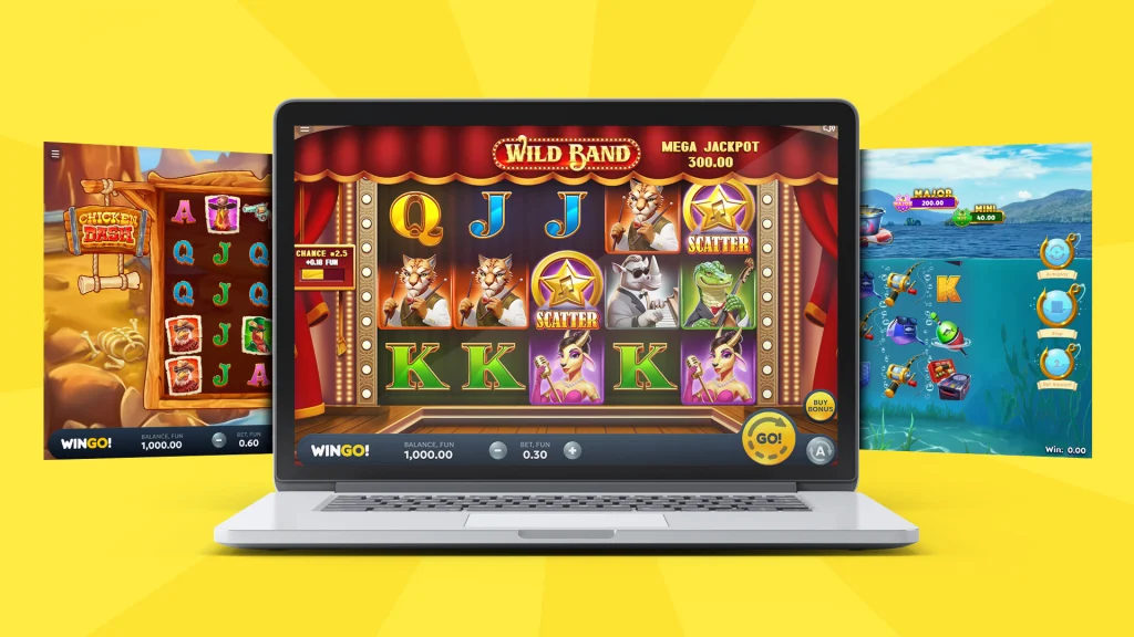 The slot game “Wild Band” is displayed on a laptop in the center of a yellow image. On either side, there are slot screens of a Wild West game and an underwater slot.