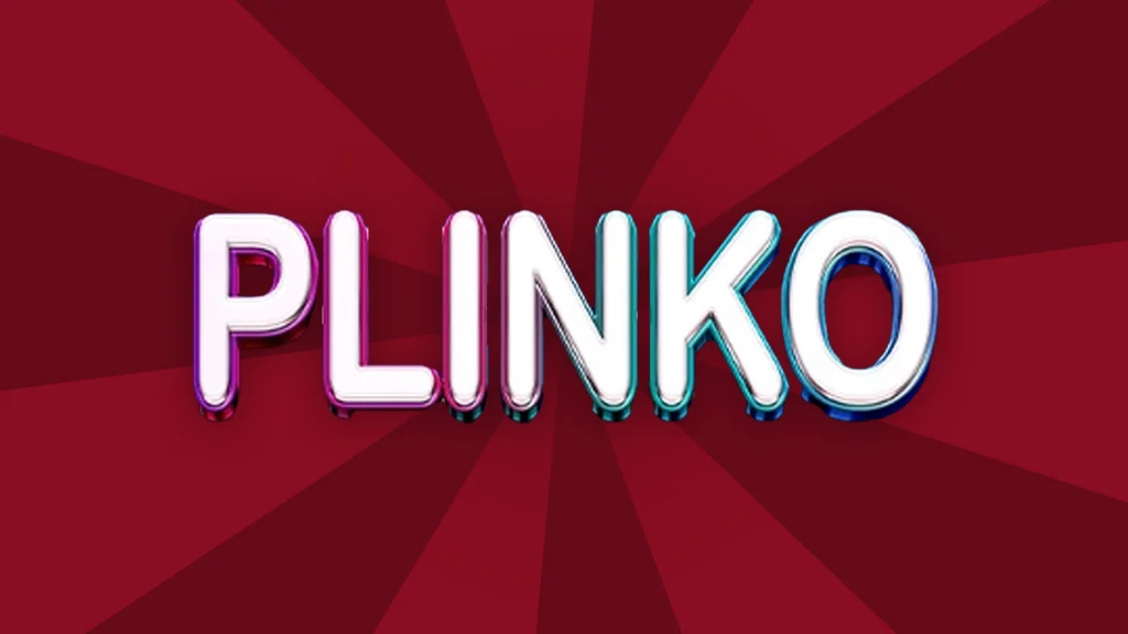 On a red background, white letters spell out “PLINKO.”