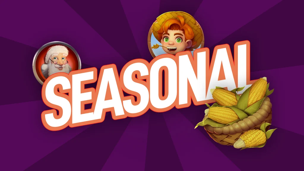 The words ‘SEASONAL’ are in the center of a dark purple background, and images of Santa, a farmer boy, and a bowl of corn are on the top and bottom.