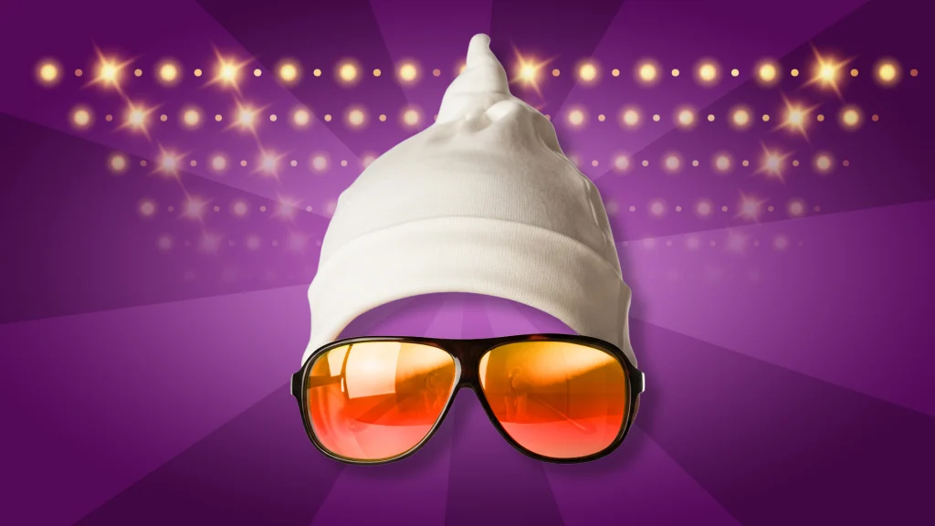 A faceless head wears a white beanie and red/orange sunglasses in the center of a purple background with shining lights.