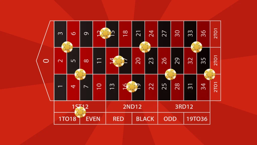 A roulette table is shown in a red image with chips spread throughout.