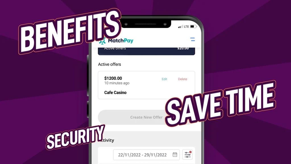 A mobile phone showing the MatchPay app, with words representing the benefits of using it, sits atop a purple background.