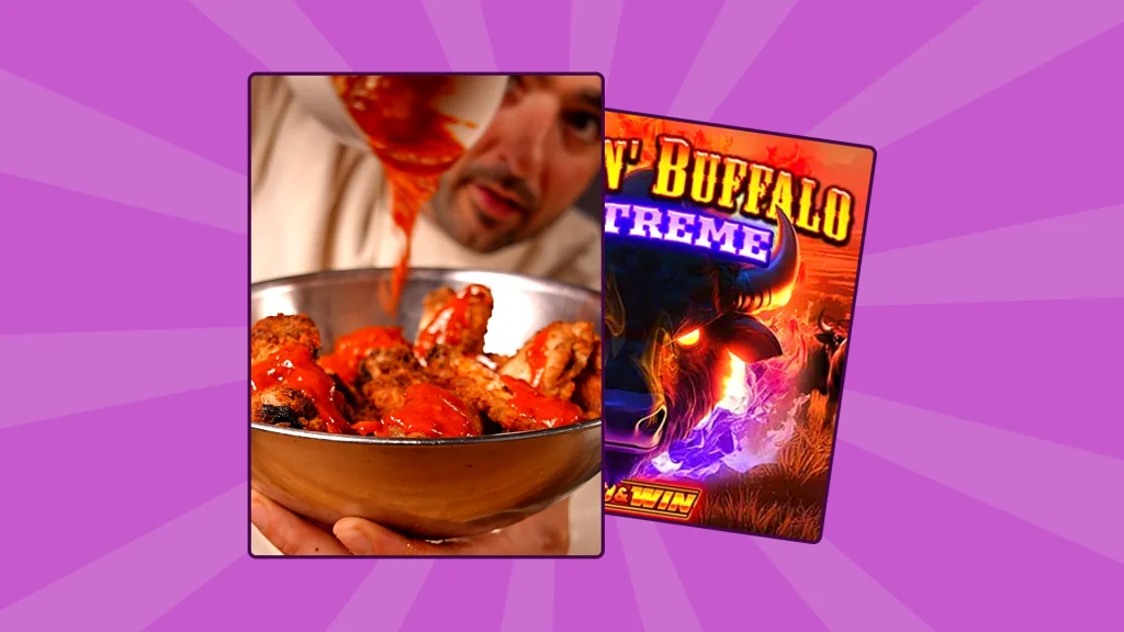 Close-up of hot sauce poured over chicken wings, next to Blazin’ Buffalo Extreme slot graphic