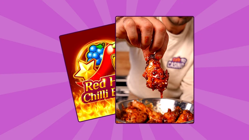and holding saucy chicken wing over a bowl, with Red Hot Chilli Bells slot graphic in background.