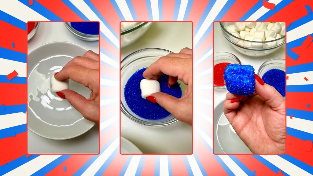 3 images show dipping half the marshmallow in water, then in sugar, and the final result