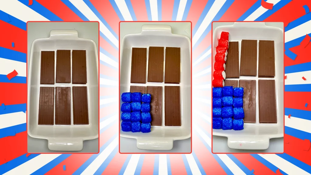 3 images show the chocolate bars in a baking tray and then with the blue marshmallows being added on top