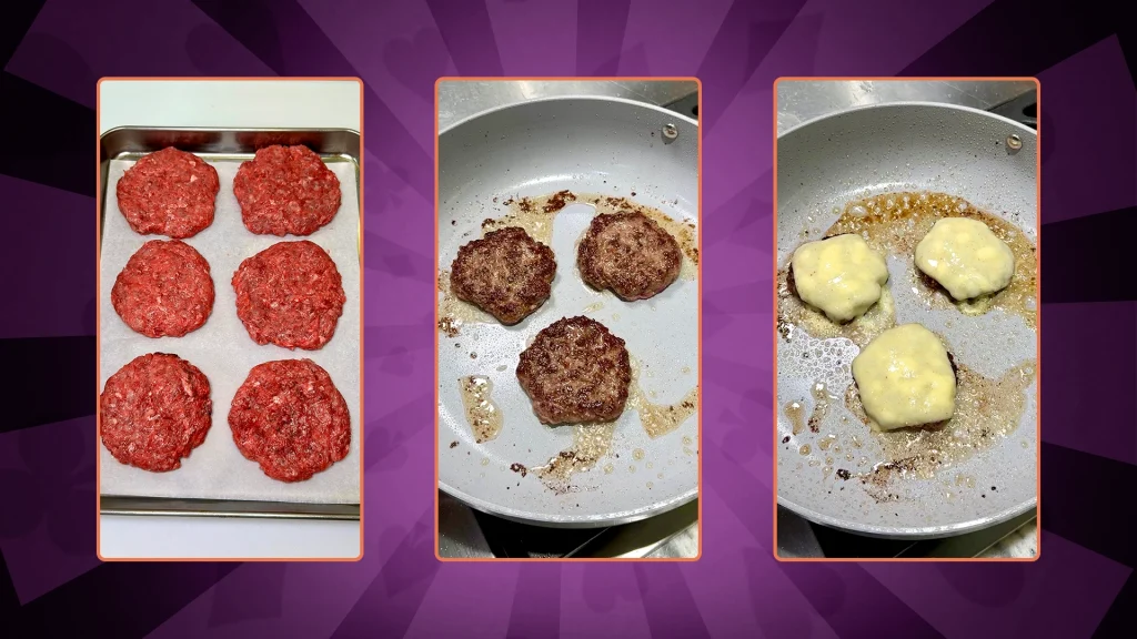 On a pink background, 3 images showing the sliders raw, cooking, and with cheese.